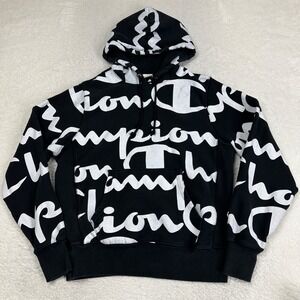 Vintage Champion All Over Print Reverse Weave  Hoodie Spell Out Mens Size Medium